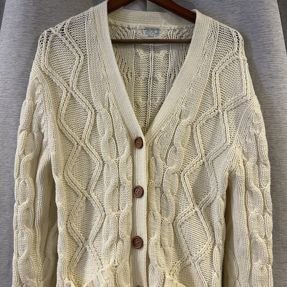 Vintage‎ Sears Sweater Cable Knit Cardigan Fisherman Mens Medium - Picture 2 of 5